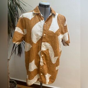 Original Use Abstract Geometric Linen Blend Short Sleeve Button Down Shirt